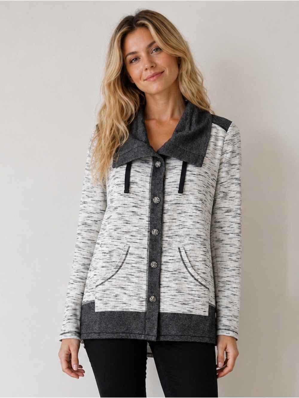 Neon Buddha Gray Knit Button Cardigan – Cozy Collar Style (Size S)
